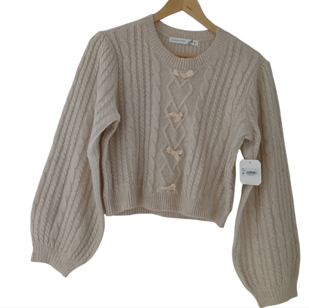 Altar'd State Crop Knit Bow-Accent Sweater in Taupe